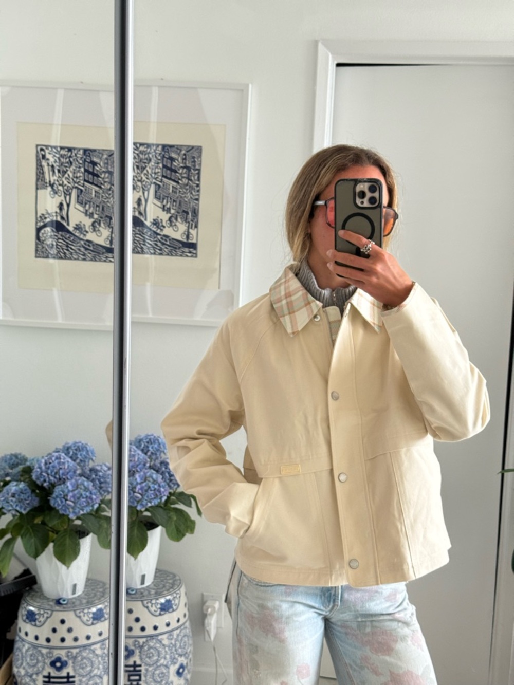 Hunter Cream Bomber Jacket with Plaid Collar